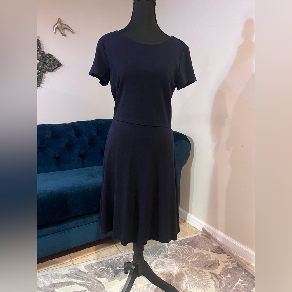 LOFT Classic Navy Blue Fit and Flare Dress with a Tie Back